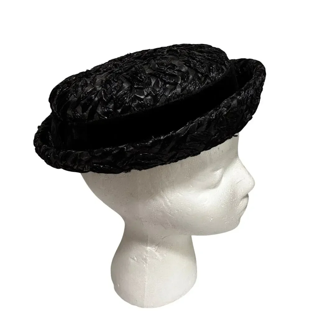 Vintage black straw pillbox hat by Winkelman’s velvet hatband upturned brim